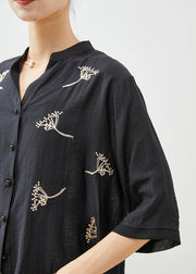 Bohemian Black Embroidered Patchwork Linen Shirt Top Half Sleeve