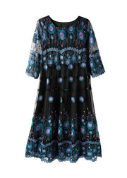 Bohemian Black Embroideried Patchwork Long Chiffon Dress Summer