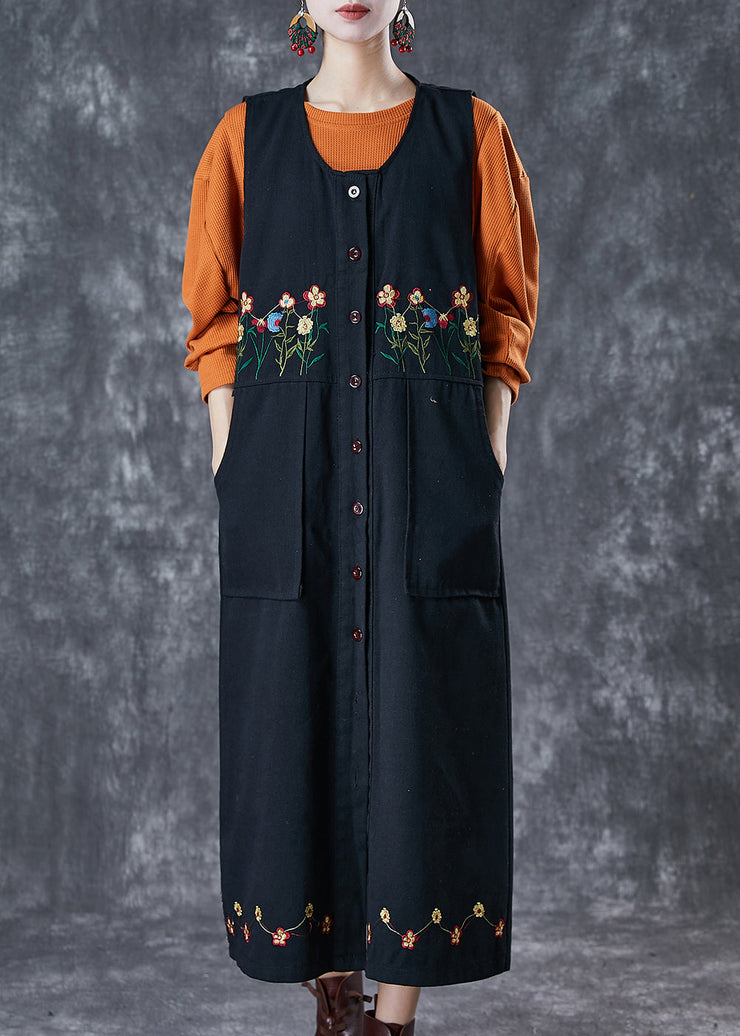 Bohemian Black Embroidered Pockets Cotton Two Pieces Set Spring