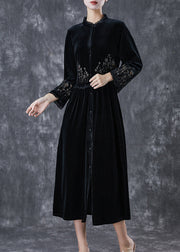 Bohemian Black Embroidered Ruffled Silk Velour Dress Spring