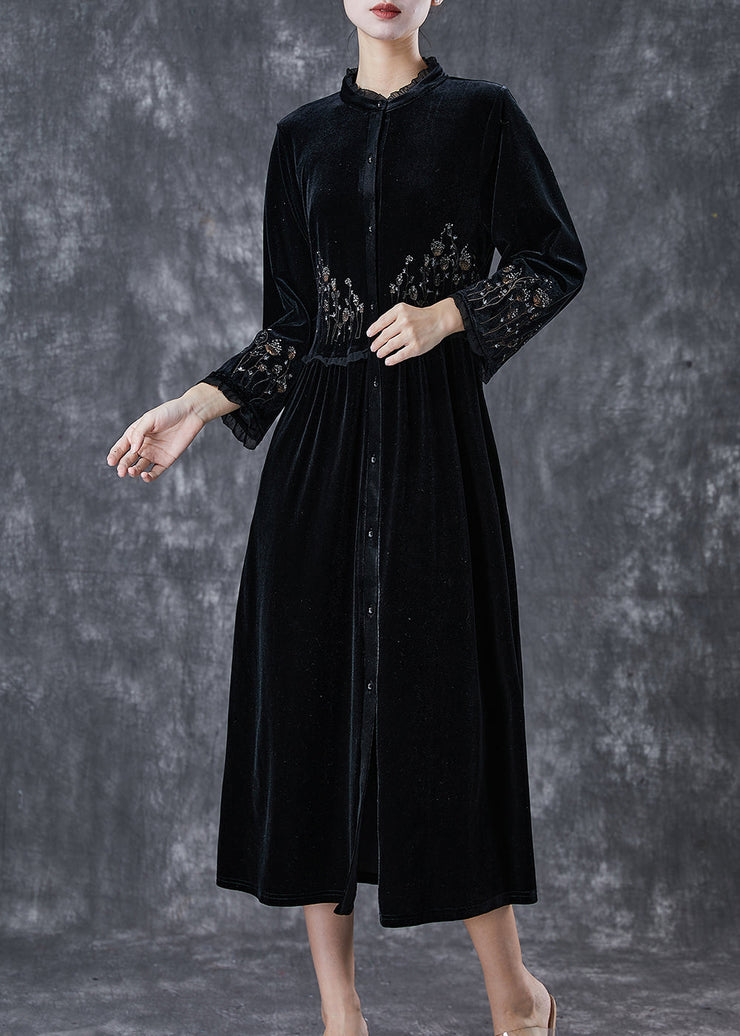 Bohemian Black Embroidered Ruffled Silk Velour Dress Spring