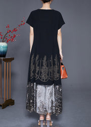 Bohemian Black Embroidered Tulle Patchwork Zircon Cotton Dress Summer