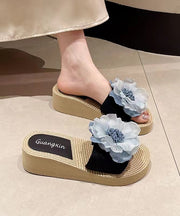 Bohemian Black Floral Wedge Slide Sandals Peep Toe