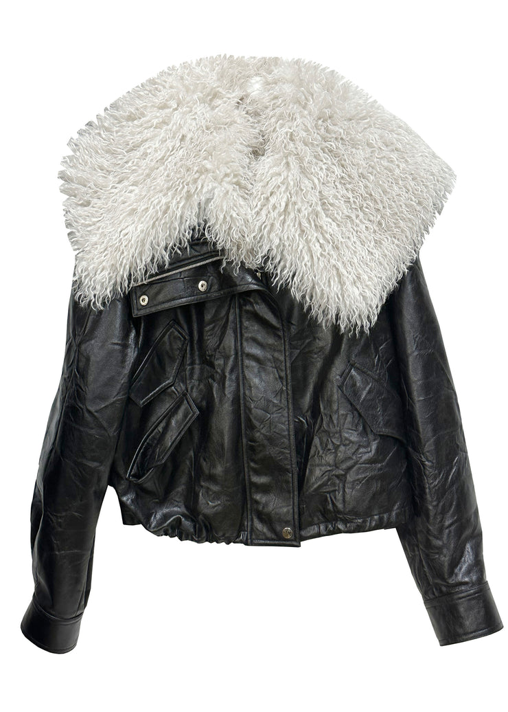 Bohemian Black Fur Collar Patchwork Detachable PU Jacket Winter