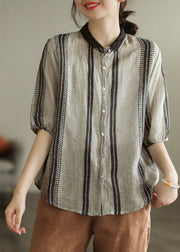 Bohemian Black Grey Peter Pan Collar Print Patchwork Linen Shirt Top Summer