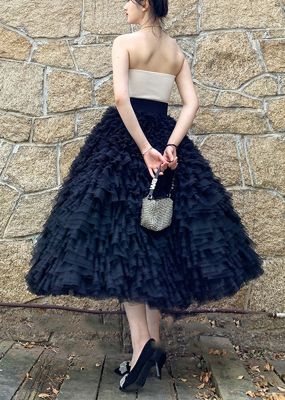 Bohemian Black High Waist Patchwork Tulle Skirts Spring