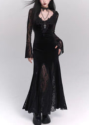 Bohemian Black Hollow Out Lace Patchwork Silk Velvet Maxi Dresses Flare Sleeve