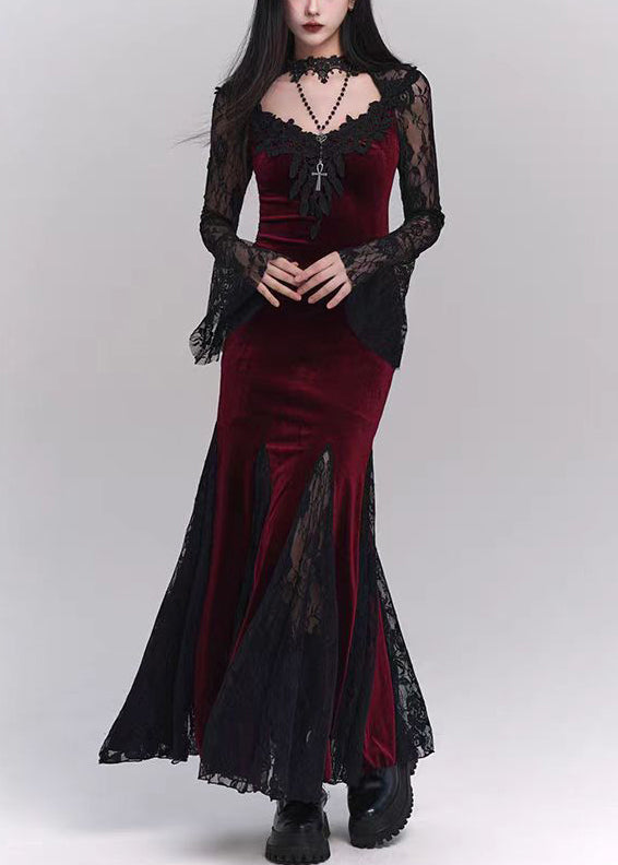 Bohemian Black Hollow Out Lace Patchwork Silk Velvet Maxi Dresses Flare Sleeve