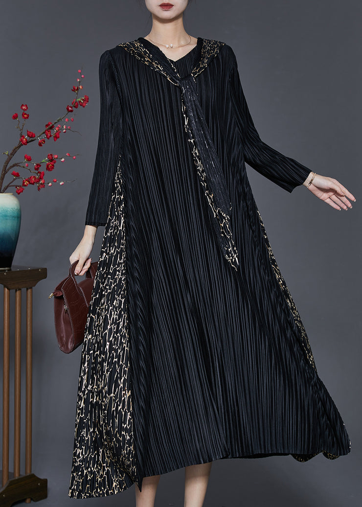 Bohemian Black Hooded Patchwork Wrinkled Maxi Dresses Spring