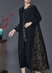 Bohemian Black Hooded Patchwork Wrinkled Maxi Dresses Spring