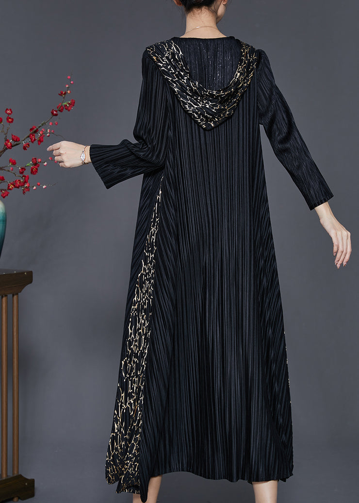 Bohemian Black Hooded Patchwork Wrinkled Maxi Dresses Spring