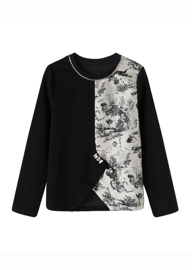 Bohemian Black O-Neck Asymmetrical Print Patchwork Tops Fall