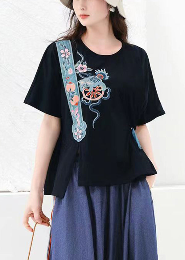 Bohemian Black O Neck Embroideried Cotton T Shirt Top Summer