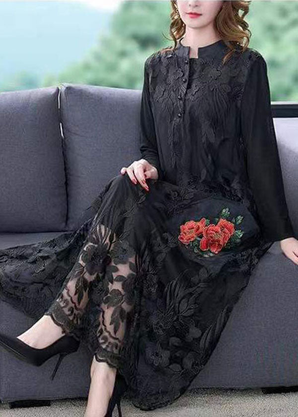 Bohemian Black O-Neck Embroideried Tulle Long Dresses Spring