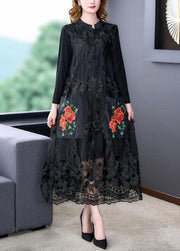 Bohemian Black O-Neck Embroideried Tulle Long Dresses Spring