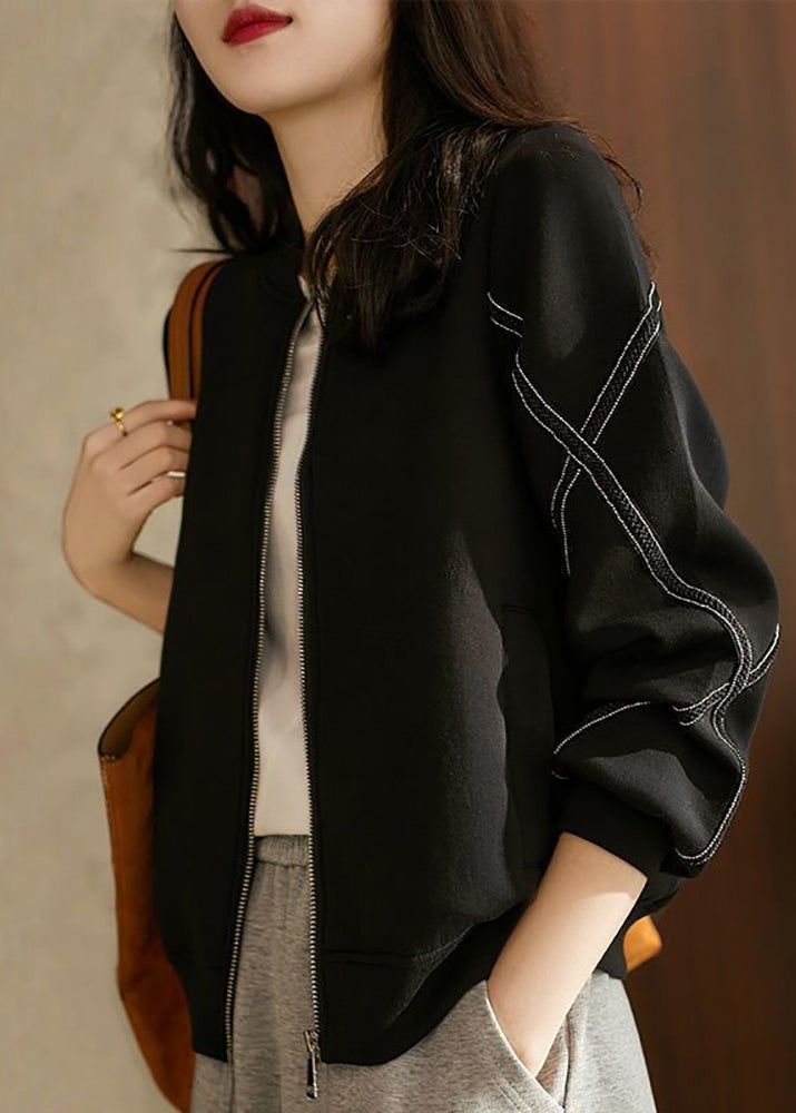 Bohemian Black O-Neck Patchwork Zippered Jackets Long Sleeve