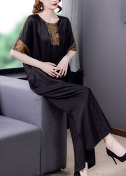 Bohemian Black O-Neck Tops And Pants Silk Two Pieces Set Summer