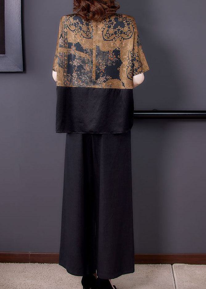 Bohemian Black O-Neck Tops And Pants Silk Two Pieces Set Summer