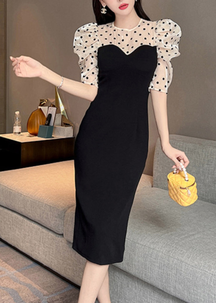 Bohemian Black O-Neck Tulle Patchwork Dot Maxi Dresses Puff Sleeve