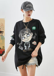 Bohemian Black Oversized Cartoon Print Cotton Ripped Sweatshirts Top Fall