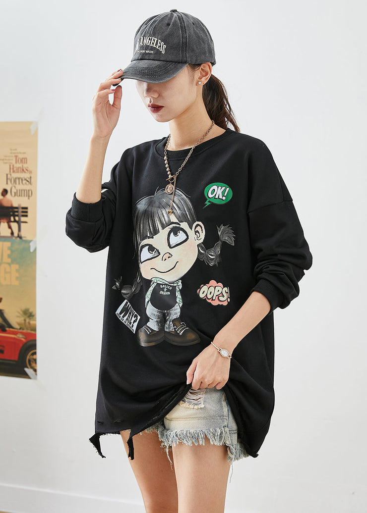 Bohemian Black Oversized Cartoon Print Cotton Ripped Sweatshirts Top Fall