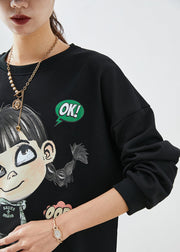 Bohemian Black Oversized Cartoon Print Cotton Ripped Sweatshirts Top Fall