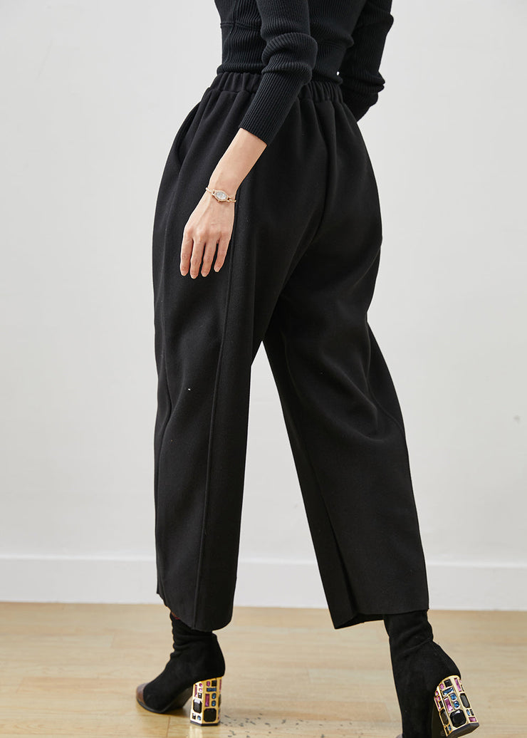 Bohemian Black Oversized Elastic Waist Woolen Crop Pants Spring