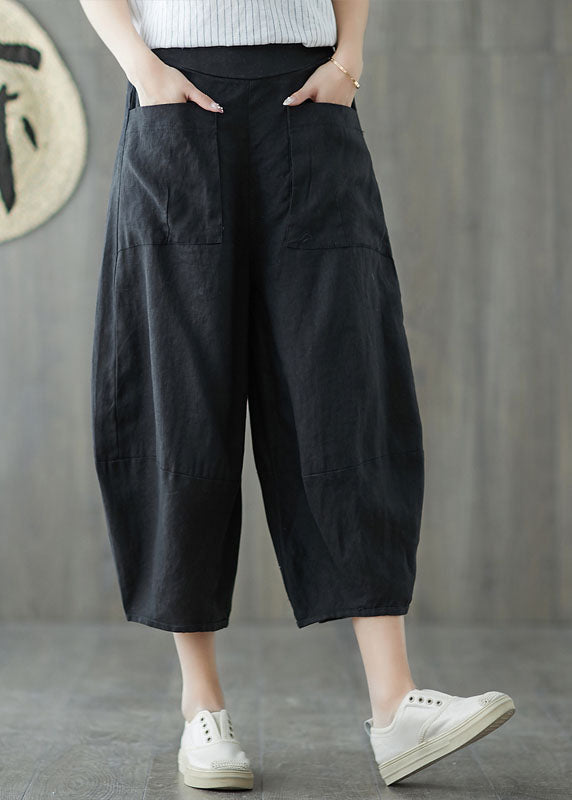 Bohemian Black Oversized Patchwork Pockets Linen Harem Pants Summer