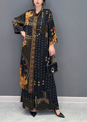 Bohemian Black Oversized Print Chiffon Long Shirt And Wide Leg Pant Two Piece Set Spring