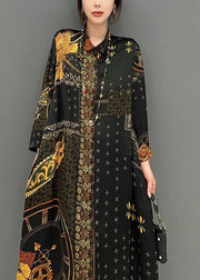 Bohemian Black Oversized Print Chiffon Long Shirt And Wide Leg Pant Two Piece Set Spring