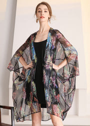 Bohemian Black Oversized Print Hollow Out Tulle Cardigan Summer