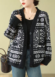 Bohemian Black Oversized Print Knit Cardigan Spring