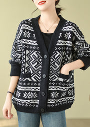 Bohemian Black Oversized Print Knit Cardigan Spring