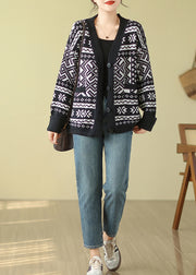 Bohemian Black Oversized Print Knit Cardigan Spring