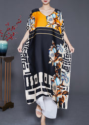 Bohemian Black Oversized Print Silk Robe Dresses Batwing Sleeve