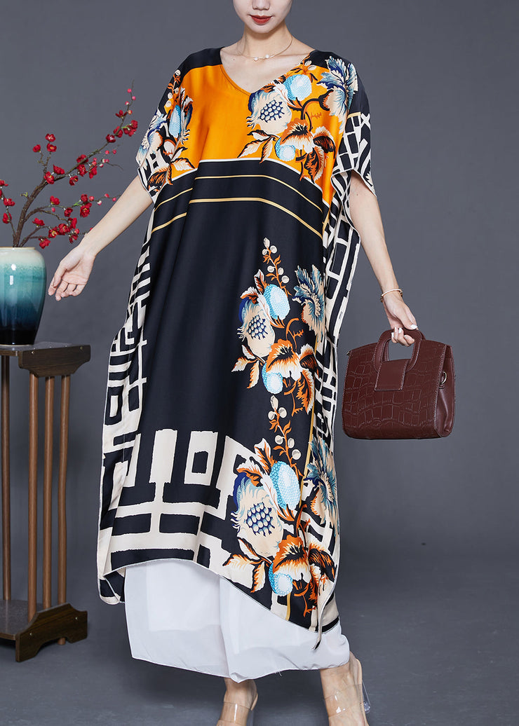 Bohemian Black Oversized Print Silk Robe Dresses Batwing Sleeve