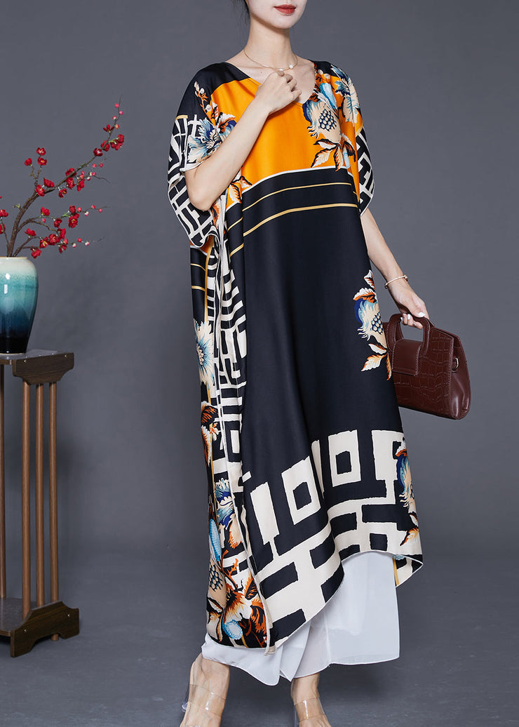 Bohemian Black Oversized Print Silk Robe Dresses Batwing Sleeve