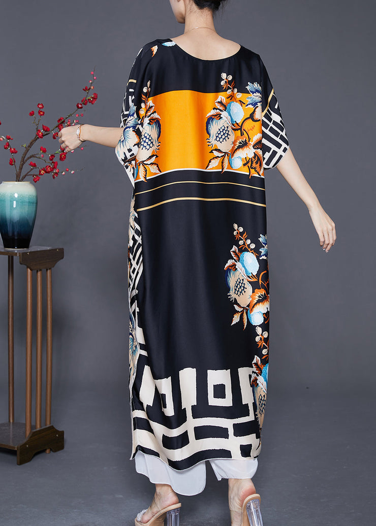 Bohemian Black Oversized Print Silk Robe Dresses Batwing Sleeve