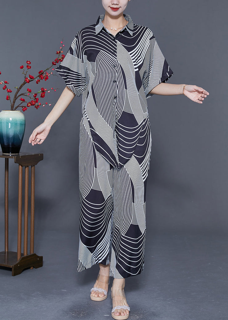 Bohemian Black Oversized Striped Side Open Chiffon Two Pieces Set Summer