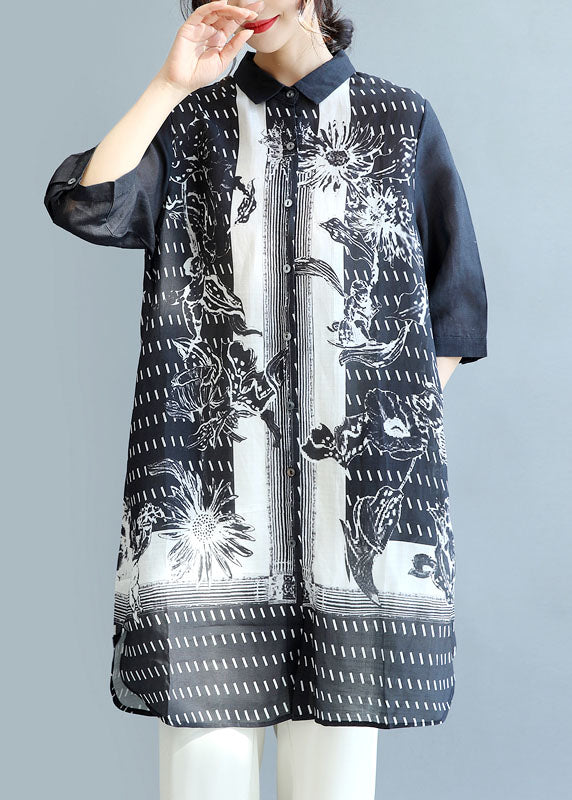 Bohemian Black Peter Pan Collar Print Linen Long Shirt Tops Half Sleeve