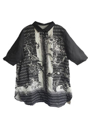 Bohemian Black Peter Pan Collar Print Linen Long Shirt Tops Half Sleeve