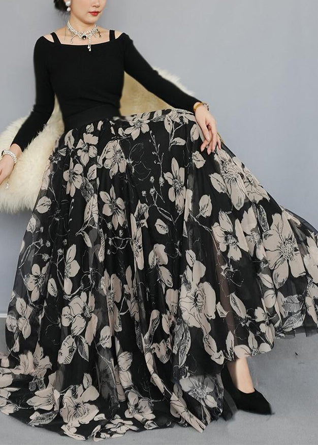 Bohemian Black Print Exra Large Hem Chiffon Skirts Spring