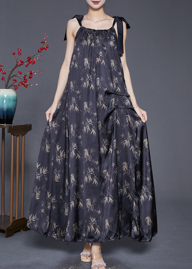 Bohemian Black Print Wrinkled Silk Strap Dresses Summer