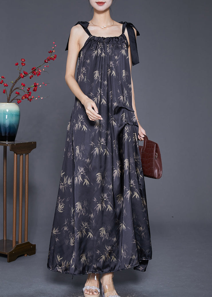 Bohemian Black Print Wrinkled Silk Strap Dresses Summer