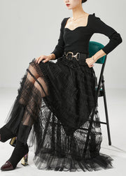 Bohemian Black Ruffled Tulle Vacation Skirts Fall