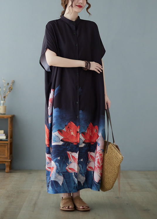 Bohemian Black Stand Collar Oversized Floral Print Chiffon Dress Summer