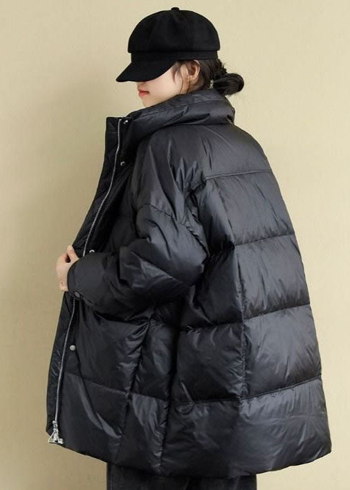 Bohemian Black Stand Collar Oversized Pockets Duck Down Puffers Jackets Winter