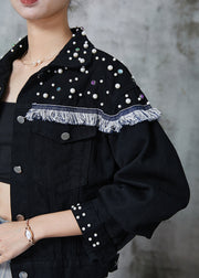 Bohemian Black Tasseled Patchwork Nail Bead Denim Jacket Spring