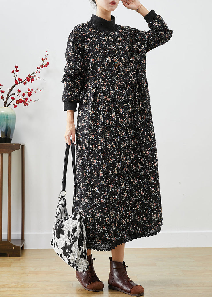 Bohemian Black Turtle Neck Print Warm Fleece Long Dress Winter