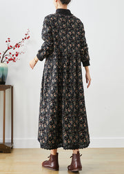 Bohemian Black Turtle Neck Print Warm Fleece Long Dress Winter